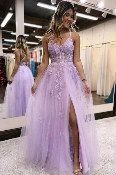 A-line V-neck Prom Dresses Long Formal Dresses With Side Slit, PD230228