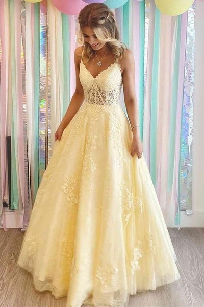 Tulle A-line V-neck Lace Appliques Long Formal Prom Dresses, PD230230