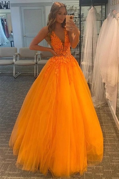 Tulle V-neck Long Formal Prom Dresses With Lace Appliques, PD230232