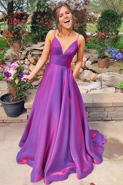 Satin A-line Spaghetti Straps Prom Dresses With Pockets, PD230233
