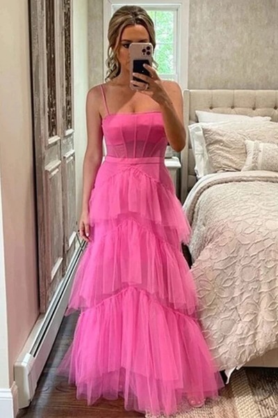 A-line Tiered Tulle Princess Long Formal Prom Dresses, PD230234