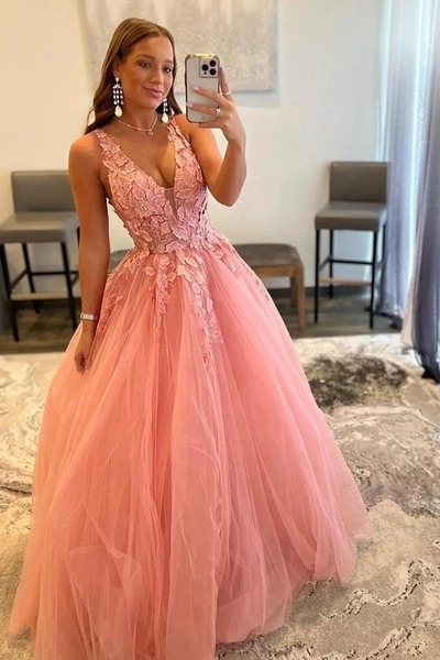 V-neck A-line Princess Prom Dresses With Appliques, Evening Dress, PD230240