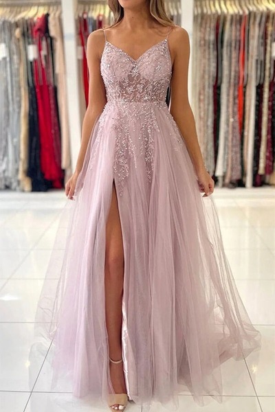 A-line V-neck Beaded Tulle Prom Dresses With Slit, Evening Gowns, PD230247