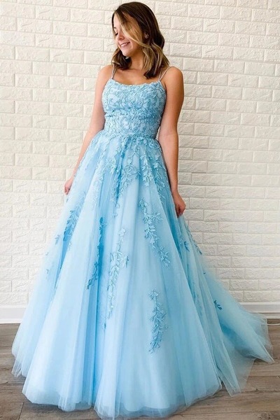 A-LineTulle Spaghetti Straps Scoop Prom Dresses with Appliques, PD230248