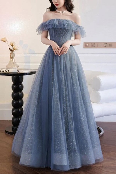 A-line SparklyTulle Blue Off-the-Shoulder Prom Dresses, Evening Gown, PD230249