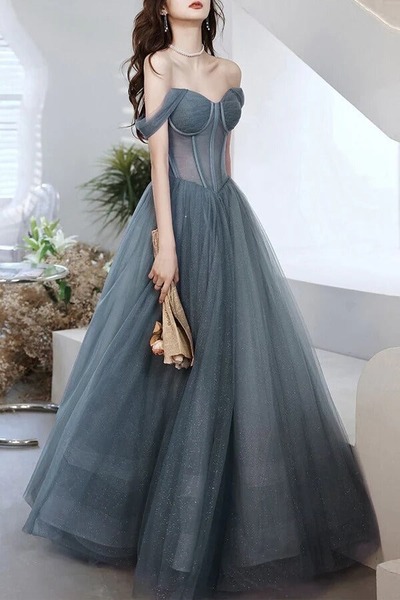 A-line Off-the-Shoulder Tulle Long Prom Dresses, Evening Gowns, PD230250