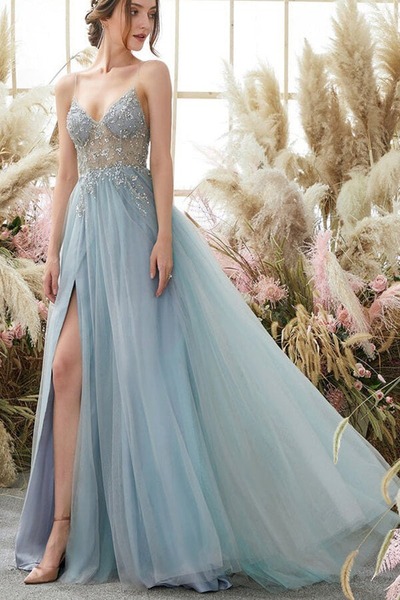 A-line V-neck Tulle Spaghetti Straps Beaded Long Prom Dresses, PD230251