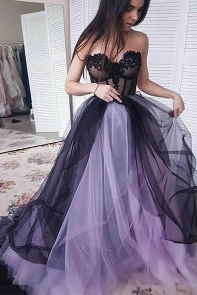 Lilac Black A-line Sweetheart Tulle Prom Dresses With Lace Appliques, PD230252