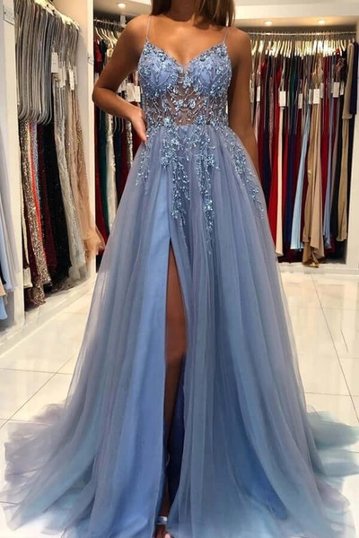 A-line V-neck Tulle Beaded Long Prom Dresses, PD230253