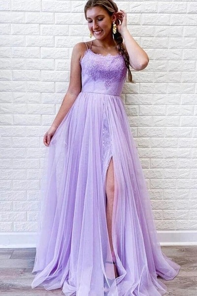 A-line Backless Tulle Lace Prom Dresses With Slit, Evening Dresses, PD230259
