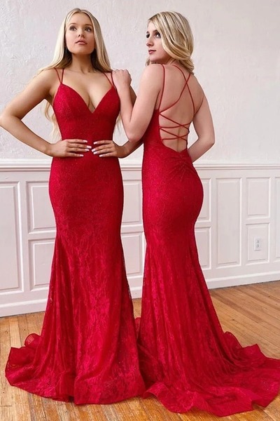 Elegant Mermaid V-neck Spaghetti Straps Lace Cross Back Evening Prom Dresses, PD230262
