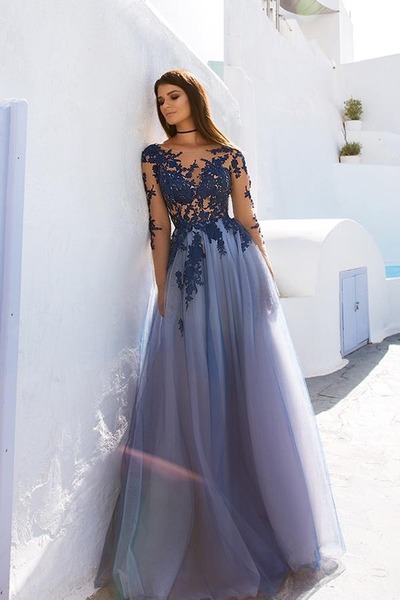 Lace Open Back See Through Long Sleeve Evening Dress, PD230263