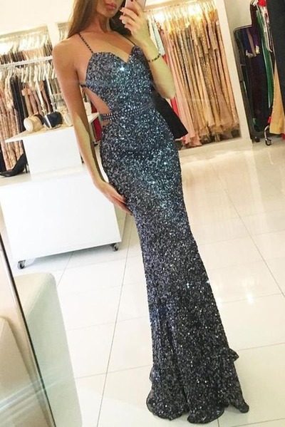 Mermaid Open Back Spaghetti Strap Sequins Long Prom Dresses, PD230264