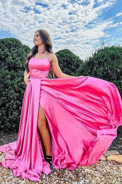A-line Satin Scoop Long Prom Dresses, Evening Dress With Slit, PD230272