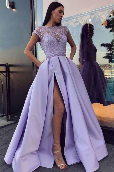 A-line Satin Beaded Long Prom Dresses, Evening Dresses With Slit, PD230275