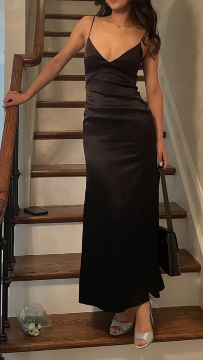 Simple Black V Neck Satin Long Prom Gowns