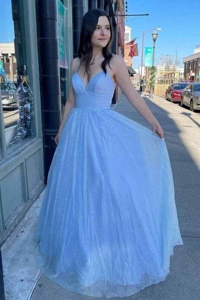 Shiny A-lineTulle Spaghetti Straps Long Formal Prom Dresses, PD230285