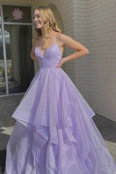 A-line Tulle V-neck Lace Up Long Prom Dresses, Evening Gown, PD230286