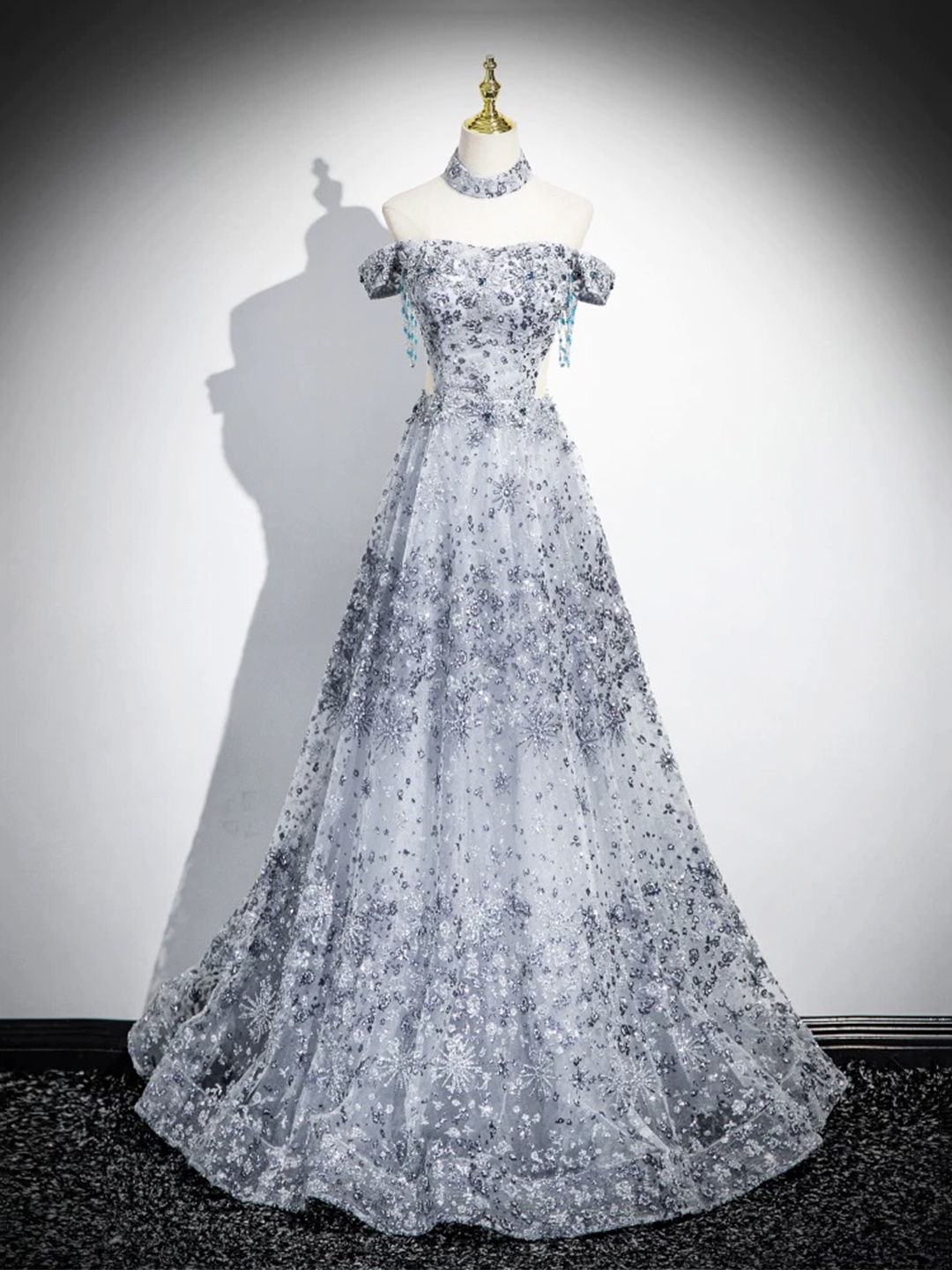 Gray Tulle Sequins Floor Length Prom Party Dress