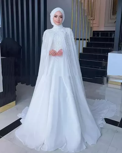 Elegant Muslim Wedding Dresses with Cape High Neck Long Sleeves Sweep Train Chiffon Appliques Beading