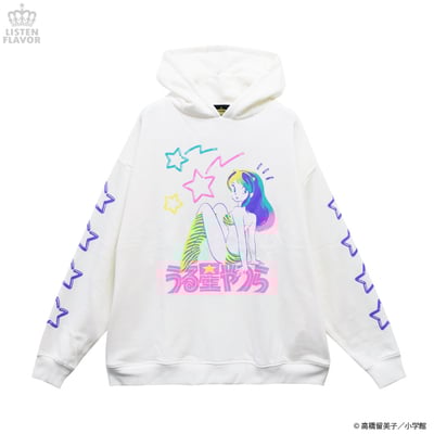 Urusei Yatsura Lum-chan Shooting Star Hoodie with Horns, Sweatshirt Parka White, Pink multicolor