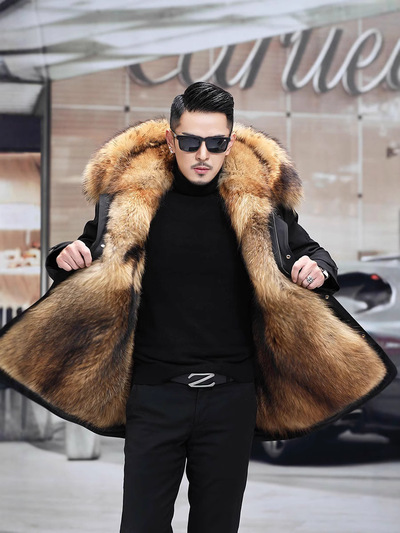 Men Plush Coats Inner Liner Detachable Collar Winter Warm Fur Jacket