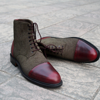 Crafted Leather Brown and Tweed Leather Handmade Men Ankle High Lace up Boot - Thumbnail 5