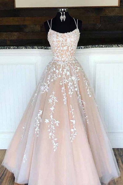 A-line Tulle Princess Spaghetti Straps Lace Appliques Prom Dresses, PD230289
