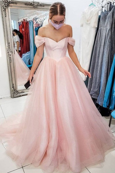 A-line Off Shoulder Tulle Long Prom Dresses, Evening Gown With Train, PD230293