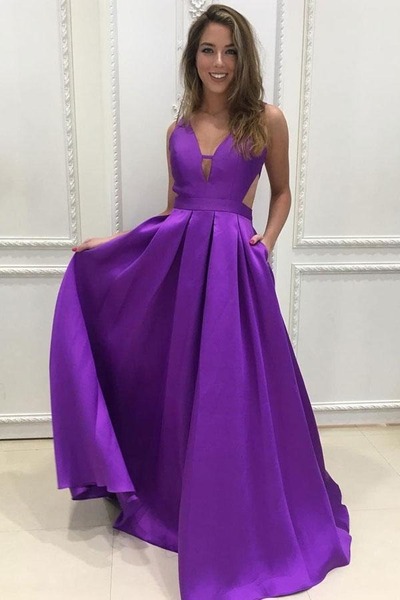 A-line Simple Satin V-neck Long Prom Dresses, Bridesmaid Dress, PD230307