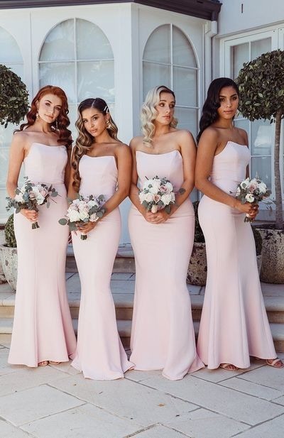 Light Pink Strapless Mermaid Satin Bridesmaid Dresses,Pink Wedding Party Dress Long Prom Dress, PD230309