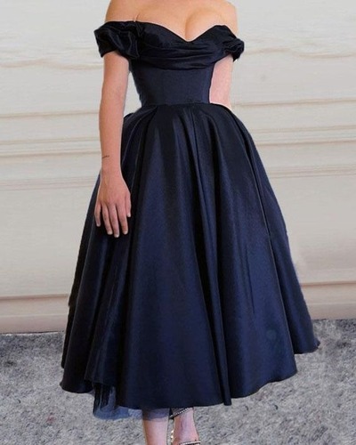 Vintage Satin Bridesmaid Dresses Tea Length Off The Shoulder prom dress, evening dress, PD230314