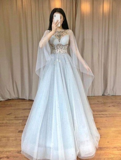 Elegant Tulle Light Blue Long Prom Dress, Formal Evening Dress, PD230330