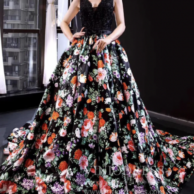V neck floral prom dresses with flowers - Thumbnail 1