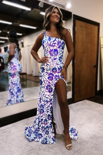 One Shoulder Mermaid Purple White Sequins Long Prom Dress with Slit, PD230337