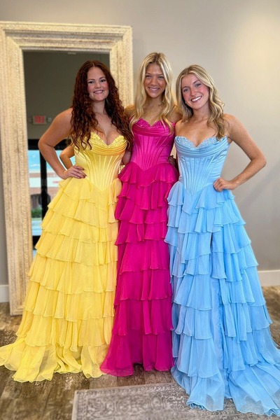Cute A Line Fashion Hot Sale Sweetheart Tiered Chiffon Long Prom Dress, PD230339
