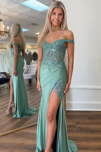 Mermaid Off the Shoulder Green Satin Prom Dress With Slit, PD230345