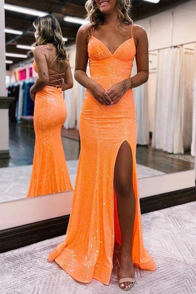 V Neck Mermaid Orange Sequins Long Prom Dresses with Slit, PD230349