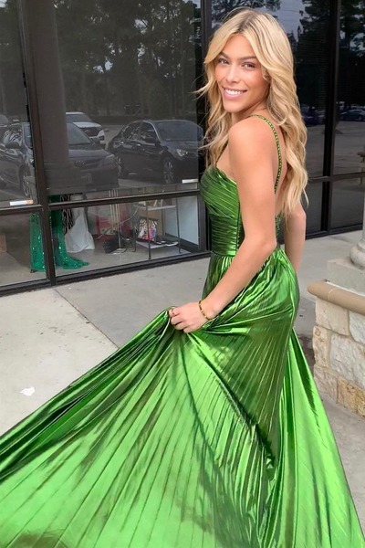 Green Satin Halter Cutout Long Prom Dress with Slit PD230351