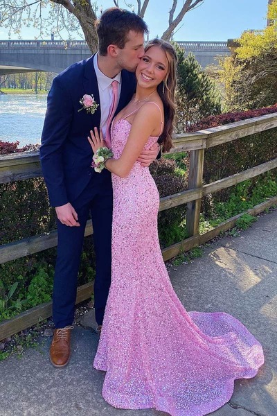Mermaid Pink Sequin Plunge V Long Prom Dress,PD230355