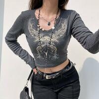 Vintage V-neck Button Rhinestone Glitter Long Sleeve Top - Thumbnail 2