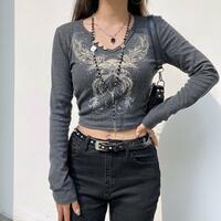 Vintage V-neck Button Rhinestone Glitter Long Sleeve Top - Thumbnail 4