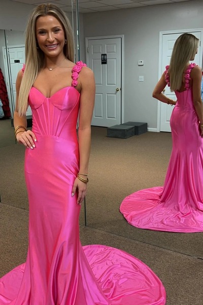 Mermaid Hot Pink Floral Straps Satin Long Prom Dress,PD230357