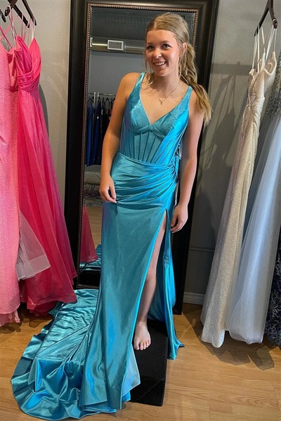 Mermaid Regency Satin V Neck Long Prom Dress with Slit ,PD230359