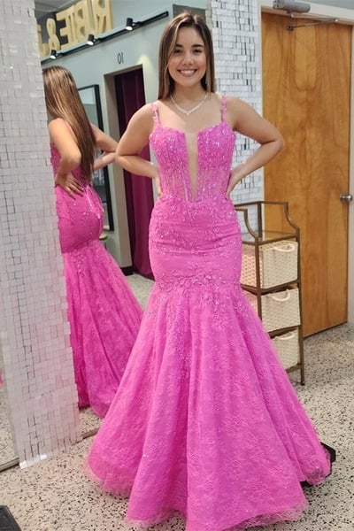 Mermaid Pink Appliques Lace Long Prom Dress,PD230360