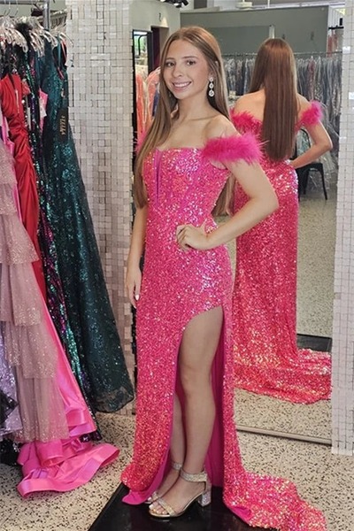 Mermaid Hot Pink Feathered Off-Shoulder Sequins Long Prom Dress with Slit,PD230361
