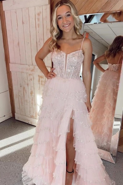 Long Light Pink Spaghetti Straps Sequined Layers Floral Prom Dress with Slit,PD230362