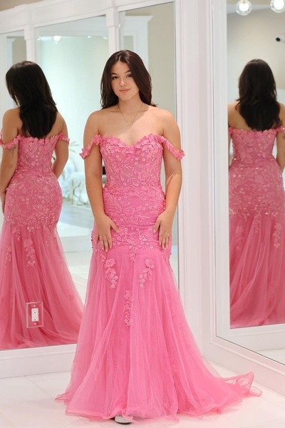 Mermaid Pink Off the Shoulder Tulle Long Prom Dress with Appliques,PD230363