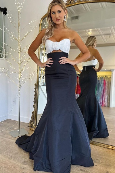 MermaidStrapless Long Black and White Prom Dresses,PD230366