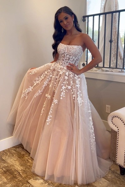 A-Line Champagne Tulle Strapless Long Prom Dress with Appliques ,PD230372